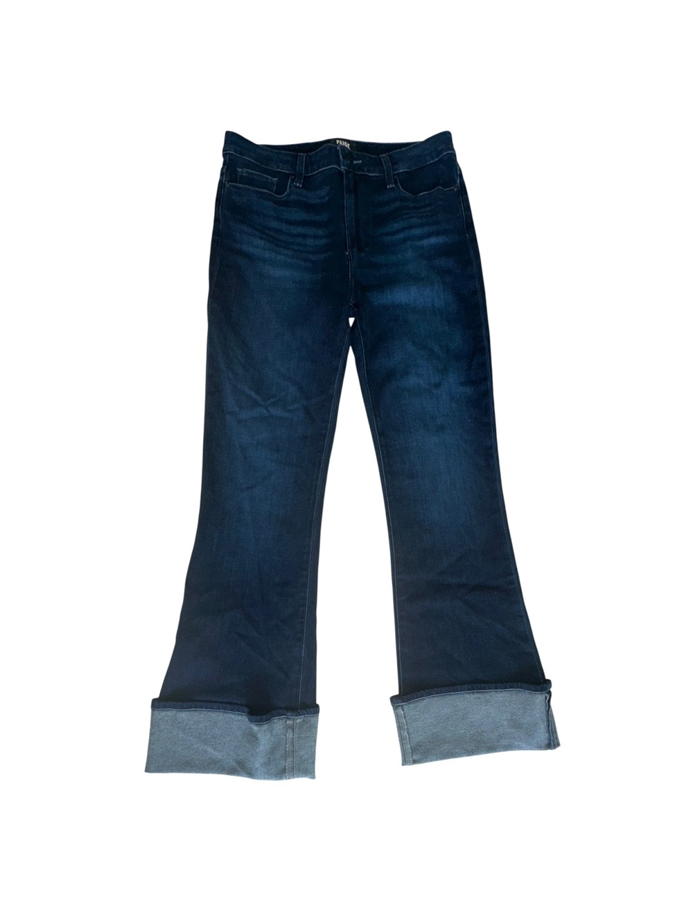 PAIGE Women’s Sz 31 DK Wash”Laurel Canyon” Flare Jeans Wide Cuff Stretch Denim